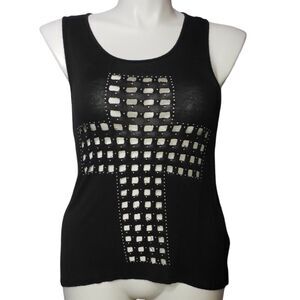 GINGER G Black Sleeveless Tank Lazer Cut Cross Knit Top Retro 80's Size Medium